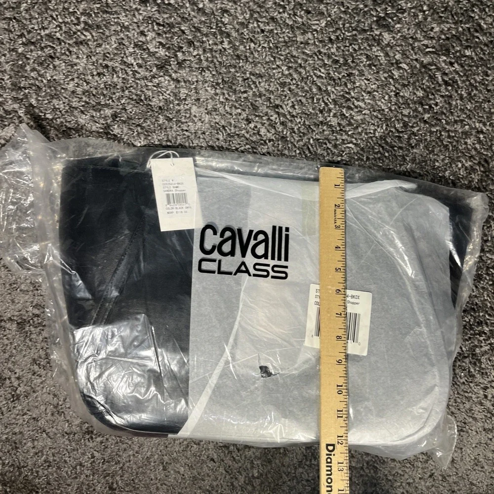 Cavalli Class Large Sandra Shopper Tote Bag Gold‎ Logo Black Vegan Leather $118.